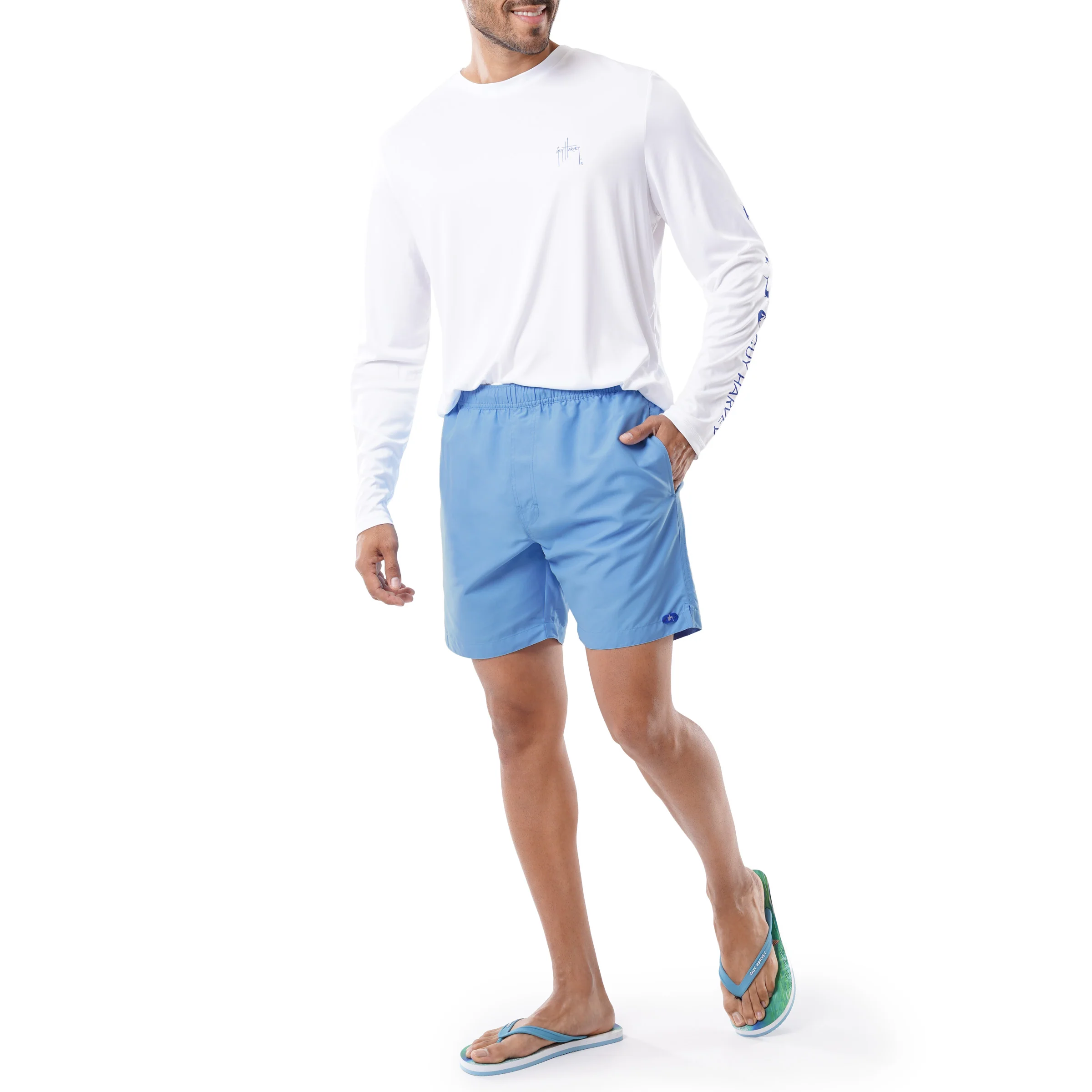 Men's Light Blue Solid 7" Swim Trunks - Image 8