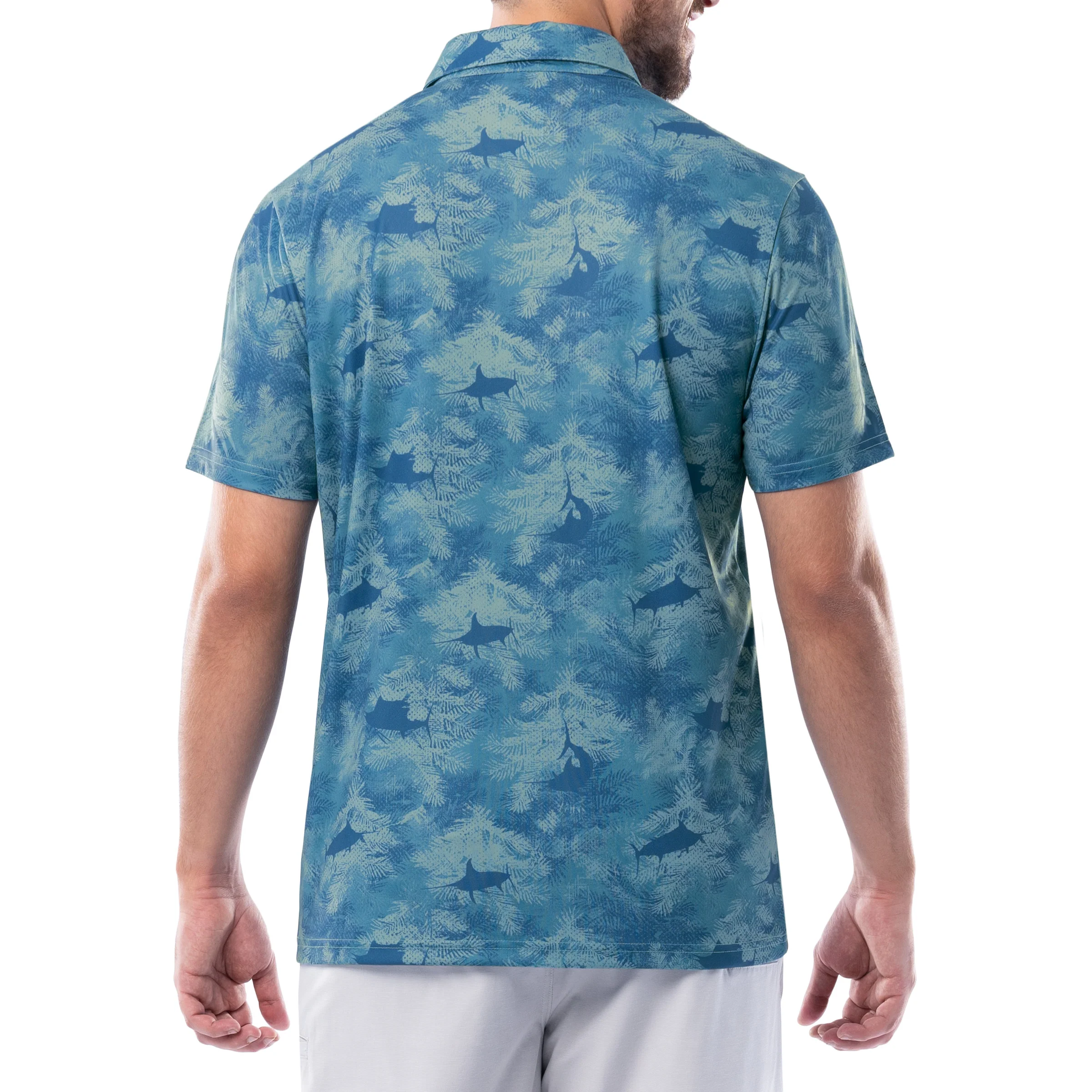 Men's Short Sleeve Urban Palms Blue Printed Performance Polo Shirt - Image 2