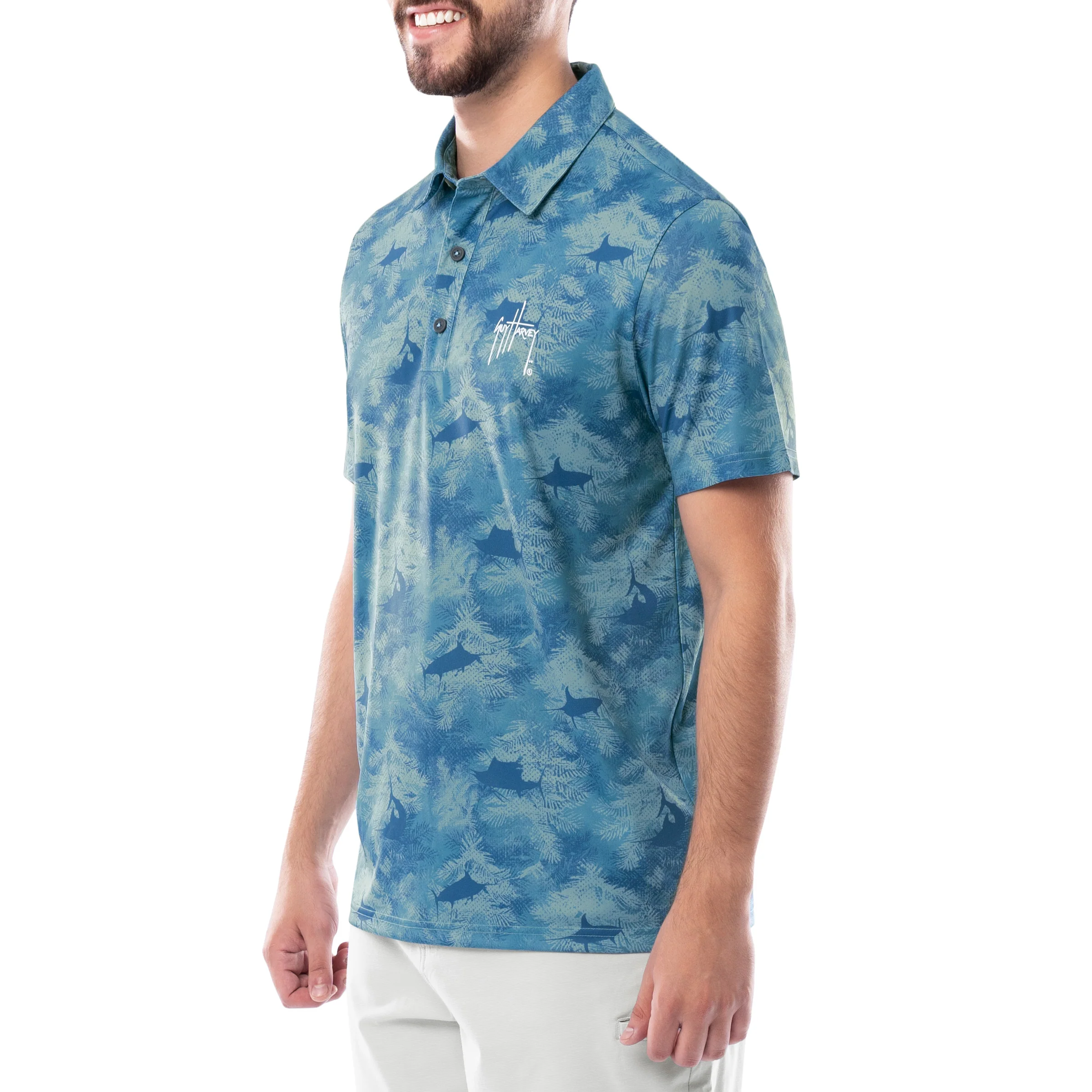 Men's Short Sleeve Urban Palms Blue Printed Performance Polo Shirt - Image 3