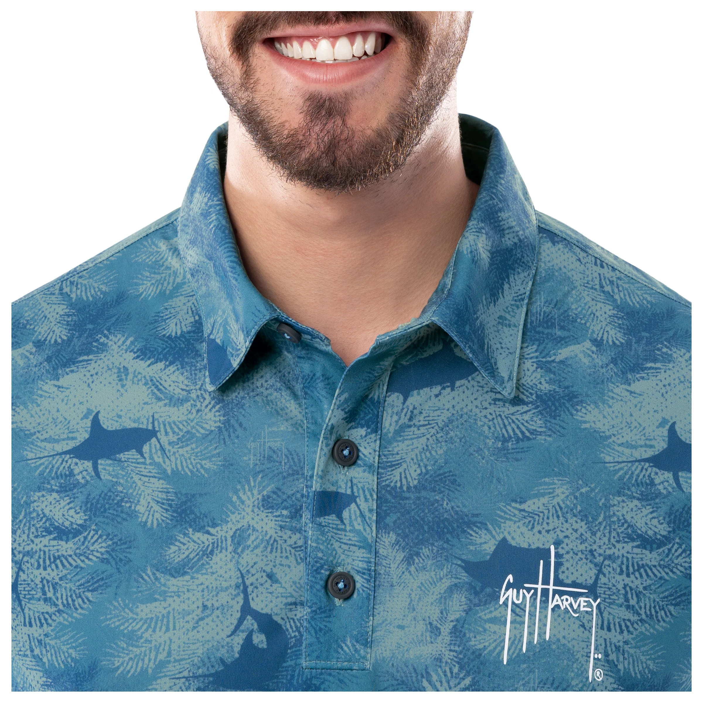 Men's Short Sleeve Urban Palms Blue Printed Performance Polo Shirt - Image 5