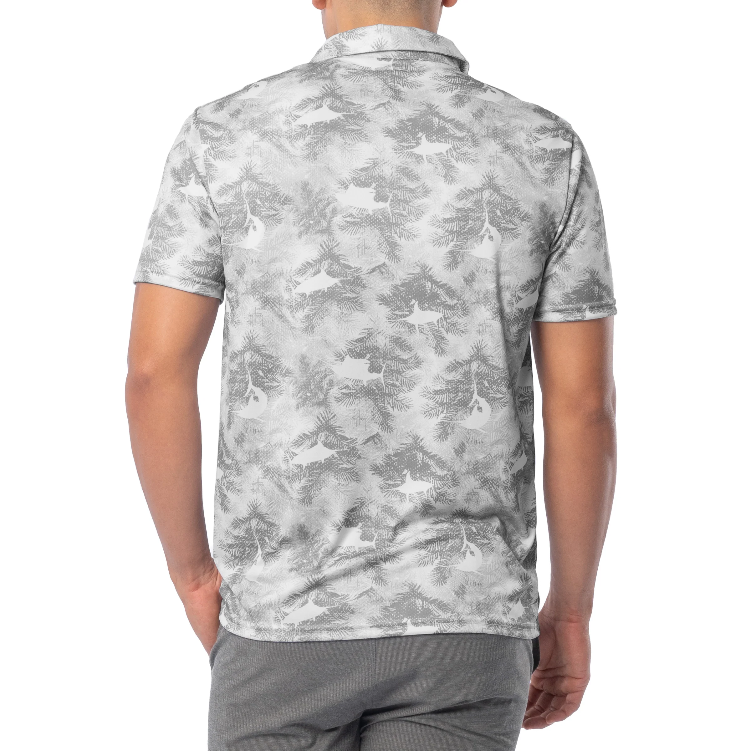 Men's Short Sleeve Urban Palms Gray Printed Performance Polo Shirt - Image 2