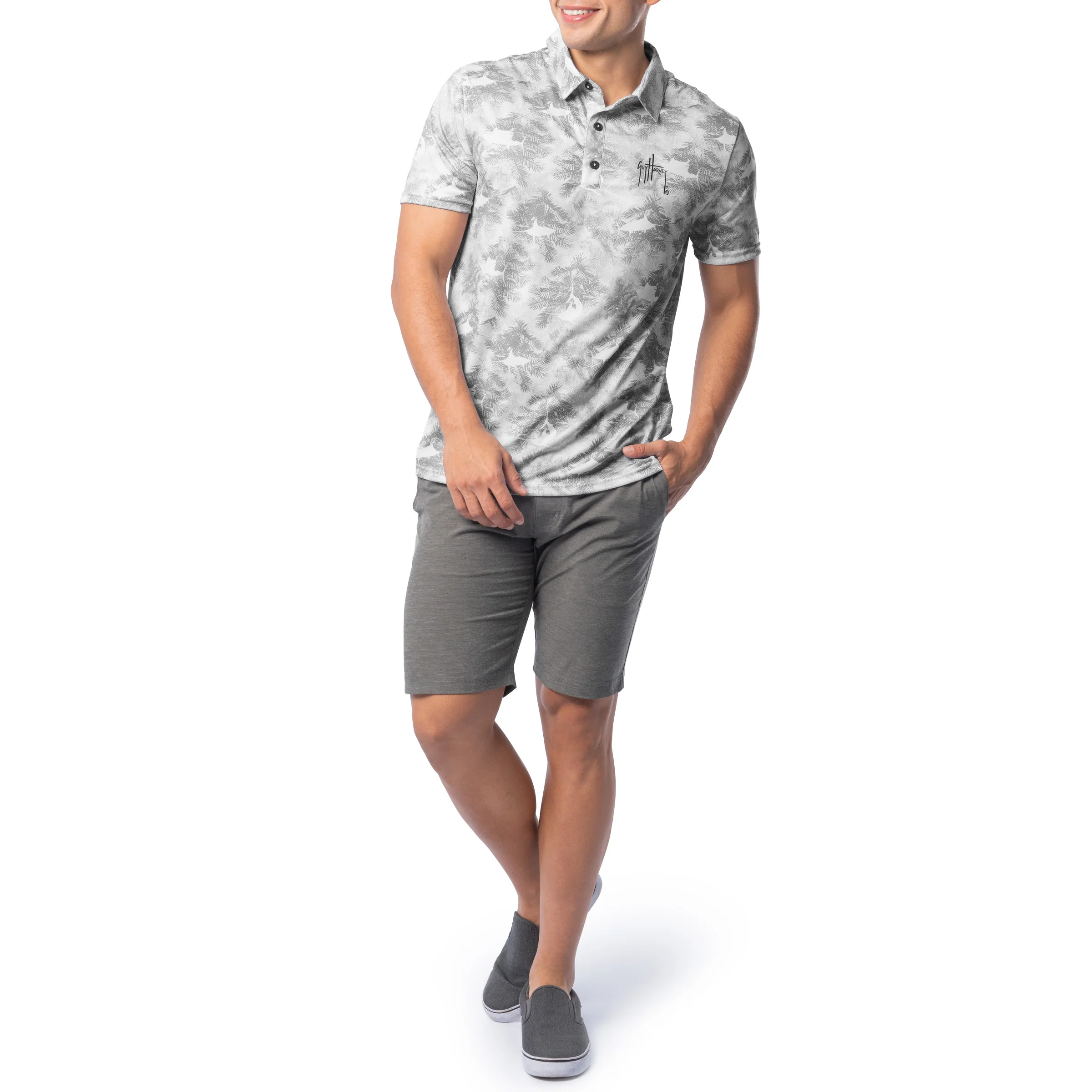 Men's Short Sleeve Urban Palms Gray Printed Performance Polo Shirt - Image 7